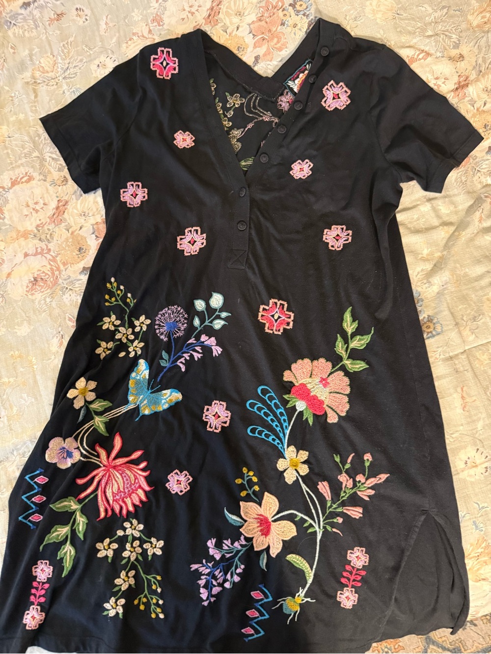 Johnny Was Black Midi Dress with Multicolor Floral Embroidery